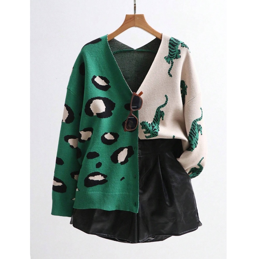 Green Beige Animal Print Button Down V-Neck Knit Cardigan - Picture 7 of 8